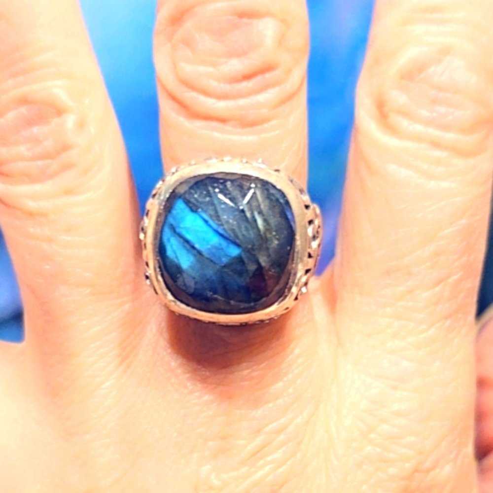 Faceted Labradorite Ring Solid Sterling Silver Ge… - image 2